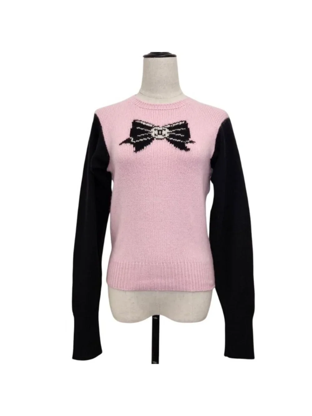 Chanel Vintage Camellia Ribbon CC Logo Cashmere Knit Sweater 38 Pink Black